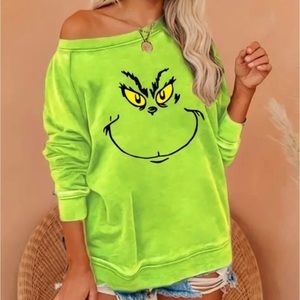 Grinch Face Christmas Holiday Green Crewneck Pullover Sweatshirt Gift New L